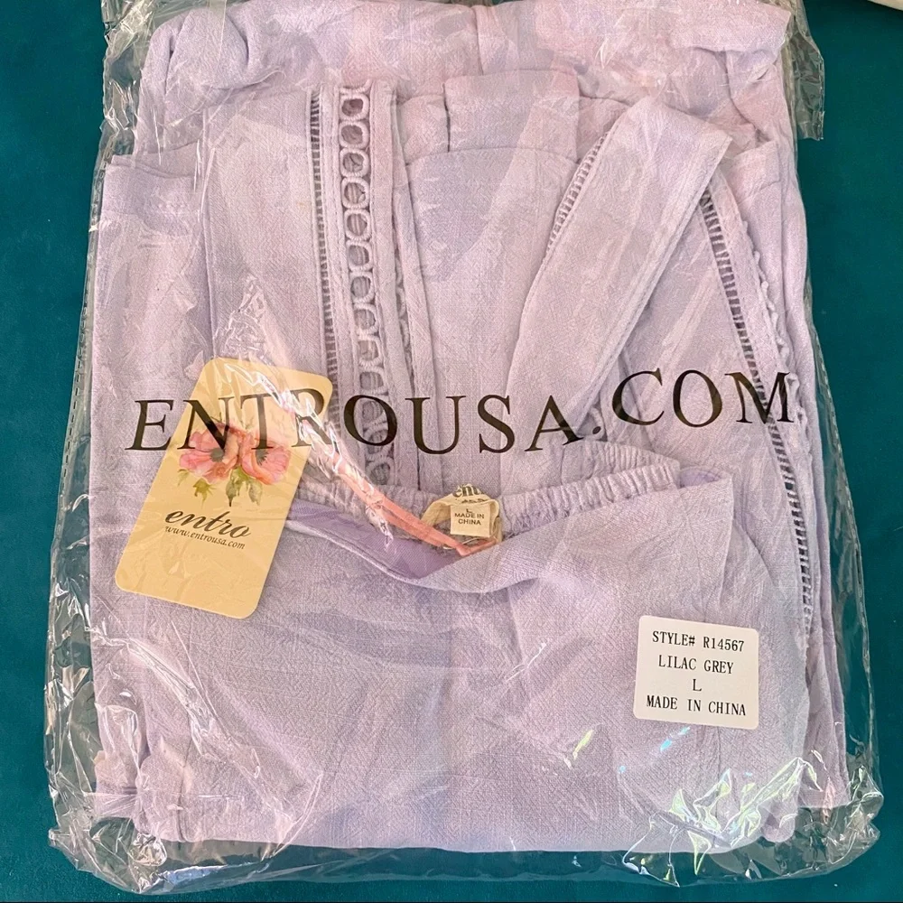 Entro | Layla Solid Smocked Cropped Jumpsuit Crochet Lilac Linen Purple Large - Picture 12 of 13